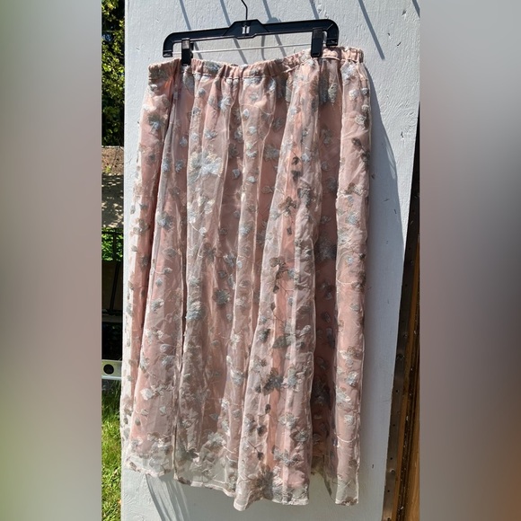 Anne Klein Floral Sequin Lace Mesh Elastic Waist Midi Skirt Pink Silver Sz L - Picture 2 of 15